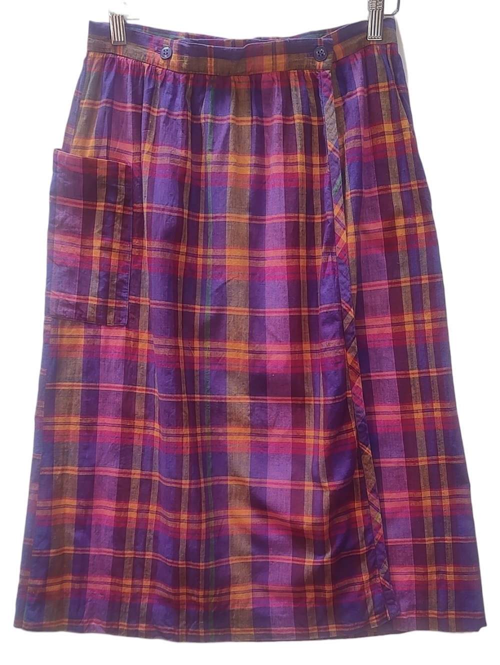 Vintage Madras Plaid Skirt Pocket Wrap Midi Waist: 29" Preppy Colorful 80s 90s